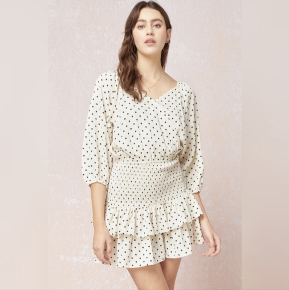 Entro Elegant Navy Polka Dot Smocked Mini Dress Size M Boho - Picture 7 of 10